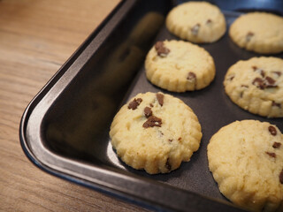 Chocolate chip cookies on a baking tray