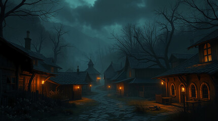 Eerie village lit by lanterns in foggy forest night. .AI image