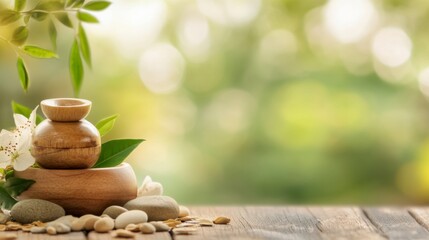 Wooden massage herbal compress on rustic wooden table with smooth stones, green leaves, and white flowers, set against a soft-focus natural green background evoking relaxation and wellness.