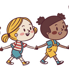 Cheerful Cartoon Illustration of Six Happy Children Holding Hands and Playing Together in a Colorful Outdoor Scene
