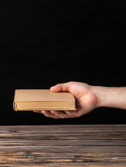 hand holding closed book against dark background, symbolizing knowledge and curiosity. warm tones of book contrast with rustic wooden surface