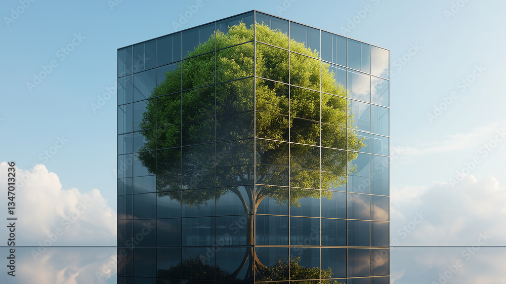 Poster modern glass structure features large tree at its center, symbolizing harmony between nature and arc
