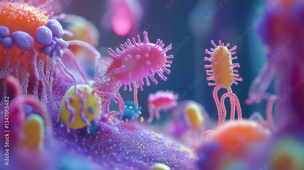 Poster microscopic view of vibrant microorganisms interacting. captivating abstract image with a shallow de