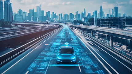 Self-Driving Vehicle on Futuristic Highway: A sleek, autonomous vehicle navigates a high-tech highway, its path illuminated by digital data streams, against the backdrop of a modern cityscape.