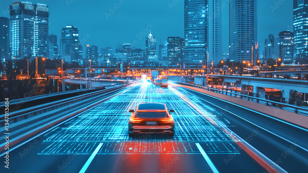 Poster smart vehicle on the move: a futuristic-looking vehicle gracefully navigates a high-tech highway, wi