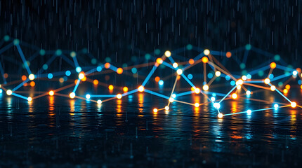 Abstract digital network with glowing nodes and connections, representing modern technology and connectivity.