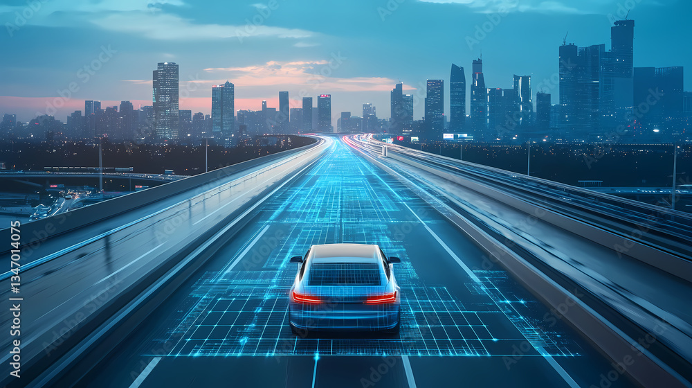 Aufkleber autonomous drive on highway: a futuristic view of a self-driving car navigating a modern highway tow