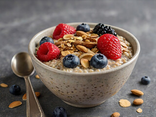Oatmeal Bowls - Warm oatmeal with fresh berries, chia seeds and a splash of almond milk.