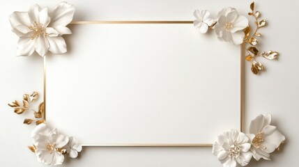 Elegant blank invitation card with a thin gold frame on a white marble background, adorned with dried beige roses and leaves, creating a sophisticated and vintage-inspired floral design.
