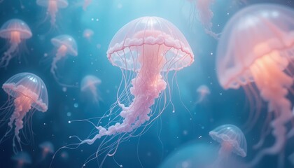 Obraz premium Graceful jellyfish swimming in the ocean underwater photography serene marine environment ethereal beauty