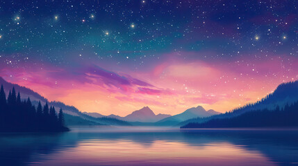 Fototapeta premium serene landscape featuring tranquil lake surrounded by mountains and forests starry night sky. vibrant colors of dusk create peaceful atmosphere