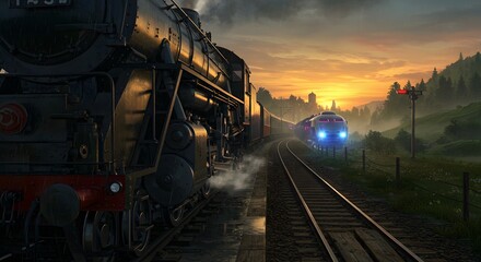 Steam Train and Futuristic Train on Tracks at Sunset with Dramatic Sky and Scenery
