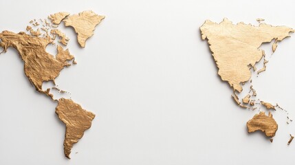 Elegant gold world map with textured metallic continents on a white background, featuring a luxurious and minimalistic design concept for global business, travel, or geography-related themes.