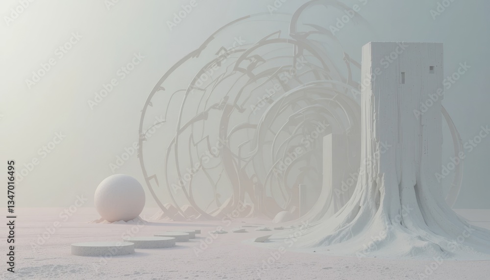 Aufkleber surreal abstract art installation minimalist studio digital rendering ethereal atmosphere wide-angle