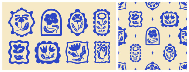 Blue floral seamless pattern illustration set. Vintage style flower frame background design collection. Geometric natural wallpaper print, spring season nature backdrop texture with flowers.	