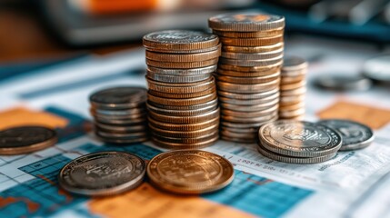 Stacked coins on financial charts