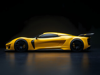 Fototapeta premium Golden Speed: A high-performance, sleek yellow sports car embodies speed and luxury, poised against a backdrop of a dark studio setting. 
