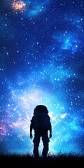 Fototapeta premium A silhouette of a person with a backpack gazes at a vibrant starry sky filled with galaxies and cosmic colors.