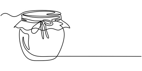 Glass canning jar in continuous line art drawing style. Food preserve. Minimalist black linear sketch on white background. Vector illustration. 