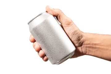 Male hand holding an aluminium drinking soda can mockup isolated no background