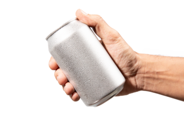 Male hand holding an aluminium drinking soda can mockup isolated no background