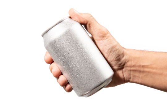 Male hand holding an aluminium drinking soda can mockup isolated no background