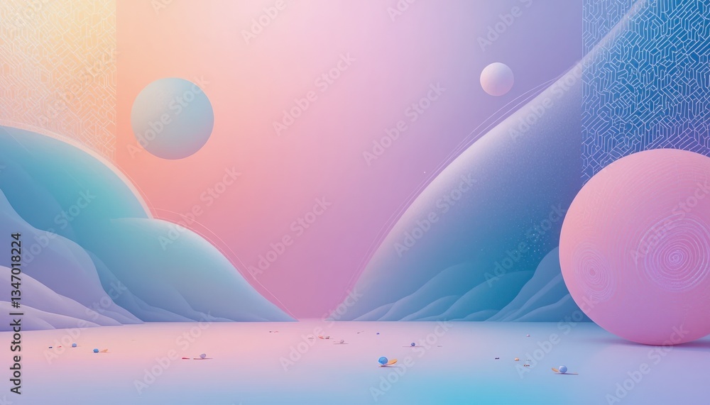 Poster vibrant cosmic scene with floating spheres abstract digital environment 3d animation soft pastel col