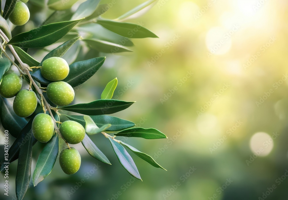 Poster fresh green olives on olive tree branch with sunlight in background creating a beautiful bokeh effec