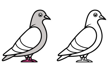 Cartoon Pigeon Half Colored, Half Line Art Dove Drawing, Isolated on White Background, Easy to Edit