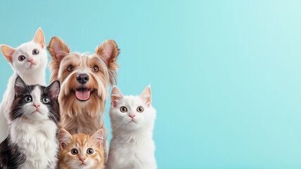 Fototapeta premium cheerful group photo featuring various cats and dog against light blue background, showcasing their playful expressions and unique fur patterns