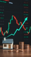 A house on coins with an upward graph symbolizes real estate investment growth.
