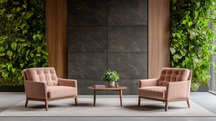 Fototapeta premium A photorealistic rende of a luxurious lounge area featu blush-pink armchairs and a wooden coffee table in a modern stylish interior setting