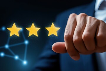 Achieving excellence: A hand gently interacts with three shimmering golden stars, symbolizing a high level of success and achievement against a dark, subtly connected background.