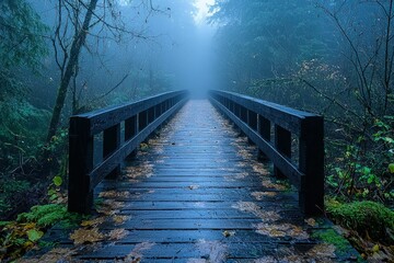 Fototapeta premium Misty forest path wooden bridge autumn leaves