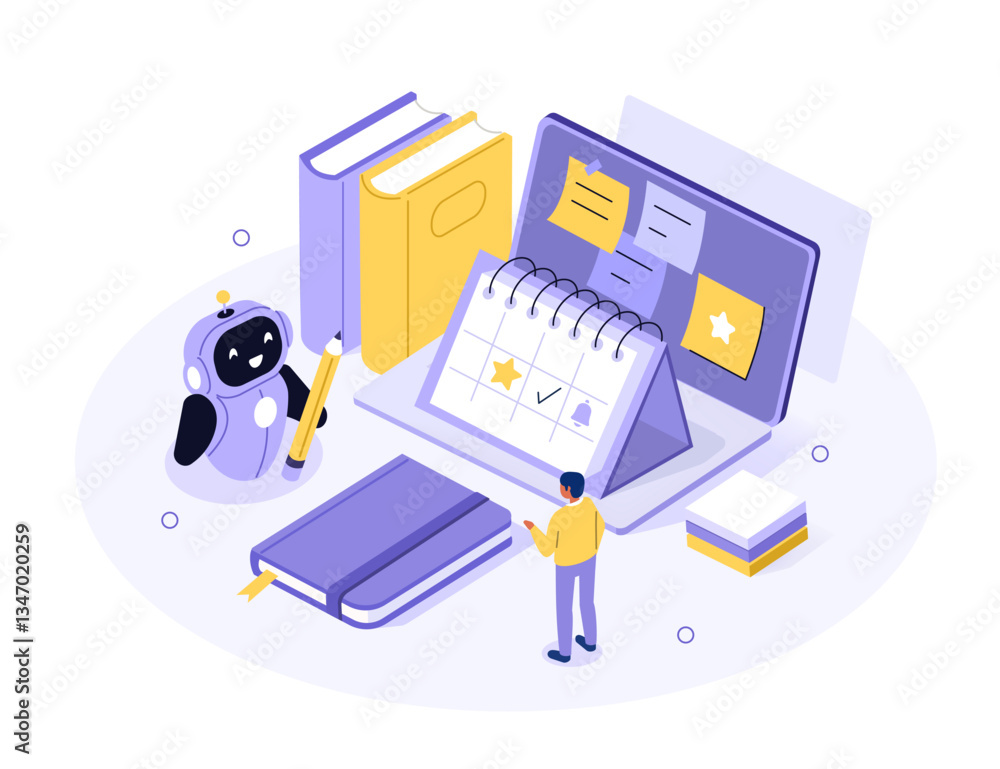 Poster character use artificial intelligence generative tools for time management, schedule. scheduling, ta