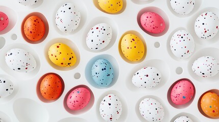 Obraz premium Showing a series of colorful Easter eggs arranged in egg-shaped silhouettes against a crisp white background for a clean and textured look 