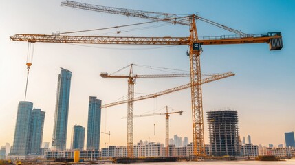 Construction Site with Tower Cranes at Sunset in Urban Setting