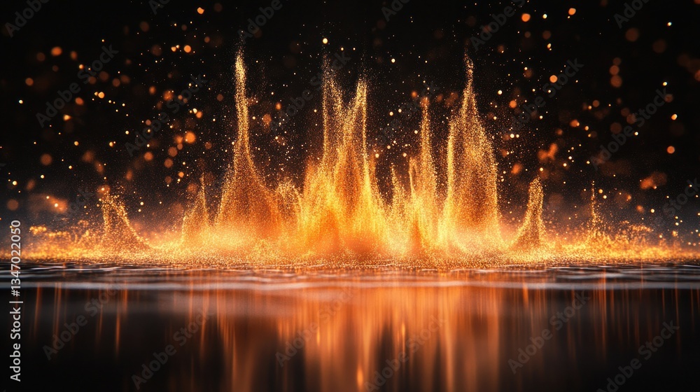 Poster abstract fiery eruption with particles and reflection creating a dynamic and ethereal visual experie