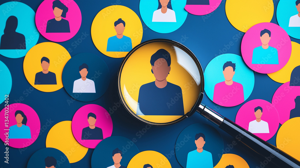 Poster magnifying glass focuses on single illustrated figure among colorful array of circular icons represe