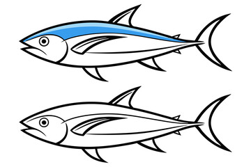 Tuna Fish Outline Drawing. Blue and White Tuna Line Art. Marine Life Illustration. Seafood Icon