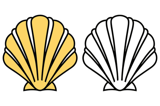 Simple Seashell Outline Golden Shell with Black Contour and Empty Line Art Version