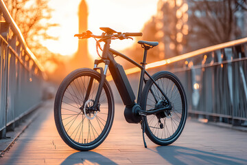 Fototapeta premium Electric Bike on the Bridge: A sleek, modern electric bike stands prominently on a bridge against a radiant sunset, offering a compelling visual of sustainable transport and urban exploration.