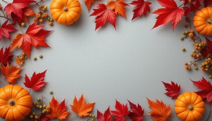 Vibrant Fall Arrangement: Red Leaves and Golden Pumpkins on Gray Background, Seasonal Decor, Rustic Charm