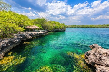 A vibrant coastal scene featuring clear turquoise waters, rocky shores, lush greenery, and a rustic hut under a bright sky with scattered clouds.