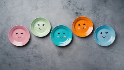Colorful plates with smiley faces on gray background