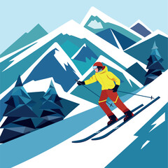 A skier goes down the mountain. A man skiing in the mountains. Vector hand drawn illustration.