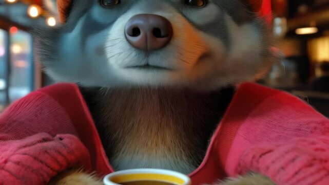 Cute Wolf in Cozy Sweater Enjoying Coffee Moments