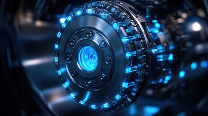 Futuristic Engine Detail, Blue Lights, Industrial Setting, High-Tech Machinery