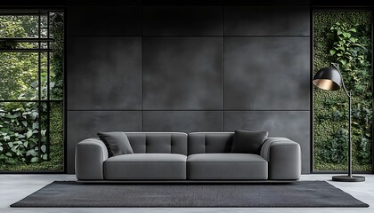 Modern Gray Sofa in Dark Contemporary Living Room with Greenery.