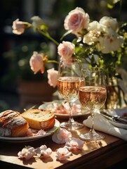 Naklejka premium Table with glasses of wine, pastries and flowers